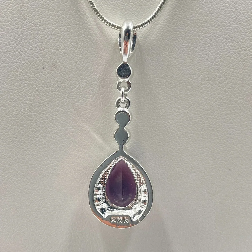 Vintage RMN Purple Pear Cut Glass Pendant Silver Tone Snake Chain Necklace